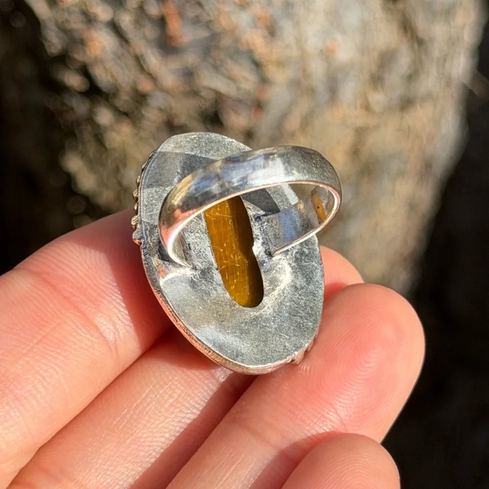 Size 6.5 925 silver plated flashy tiger eye‎ ring 0944